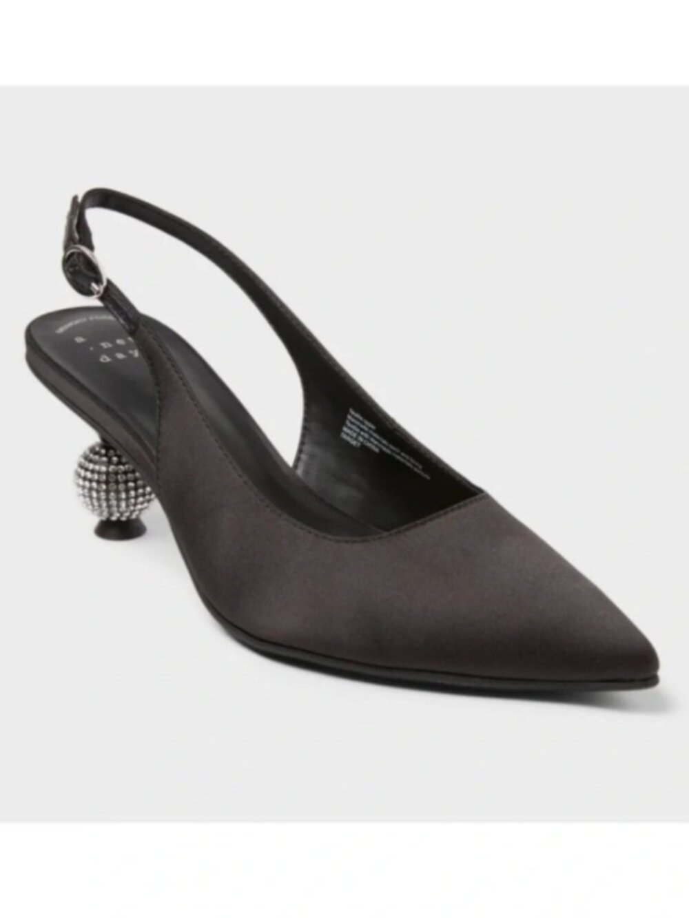 a new day Black Satin Pointed Slingback Heels with Embellished Ball Heel